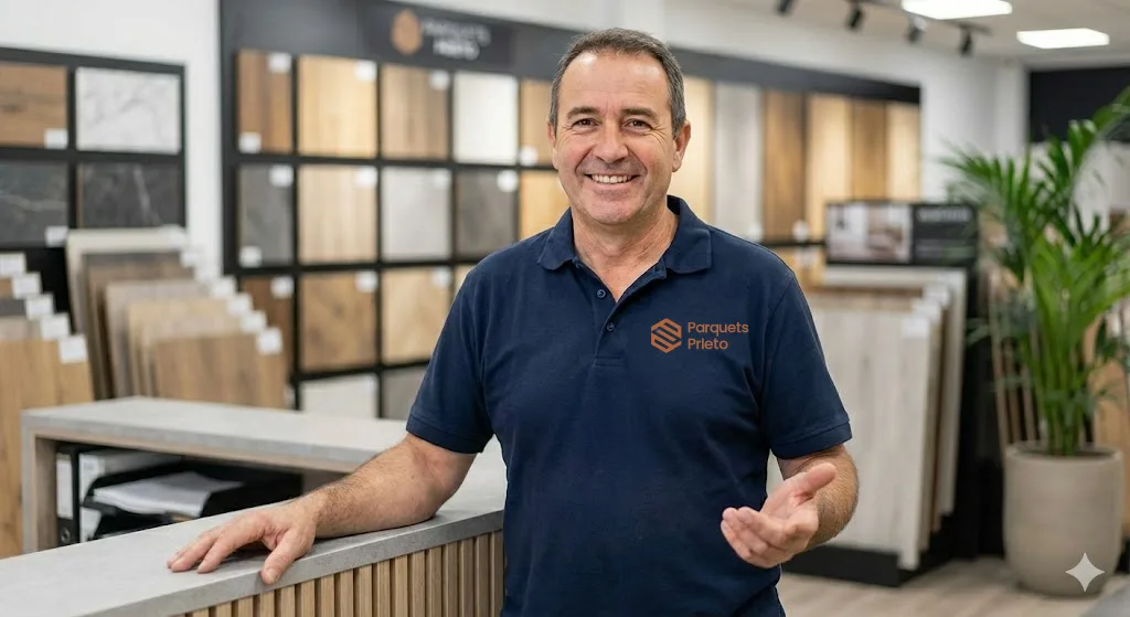 Parquets Prieto atendiendo en el mostrador del showroom
