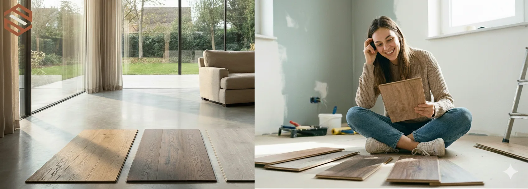 Mujer eligiendo muestras de tarima laminada en una habitación en reforma Parquets Prieto