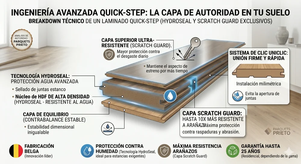 Análisis Técnico_ Innovación HydroSeal y resistencia Scratch Guard Infografía técnica de Parquets Prieto que muestra el desglose de capas de una tarima Meister: núcleo HDF AquaSafe, capa de madera noble y sistema de clic Masterclic Plus.