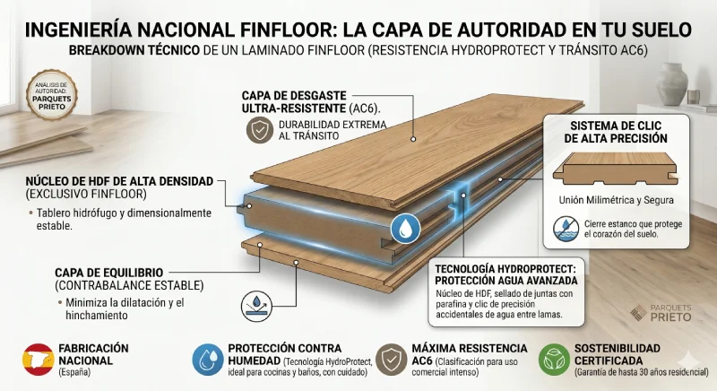 Análisis Técnico_ La protección HydroProtect frente a la humedad Infografía técnica de Parquets Prieto que muestra el desglose de capas de una tarima Meister: núcleo HDF AquaSafe, capa de madera noble y sistema de clic Masterclic Plus.