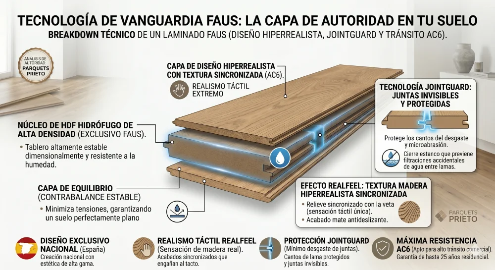 Análisis Técnico_ Realismo táctil y juntas invisibles (JointGuard) Infografía técnica de Parquets Prieto que muestra el desglose de capas de una tarima Meister: núcleo HDF AquaSafe, capa de madera noble y sistema de clic Masterclic Plus.