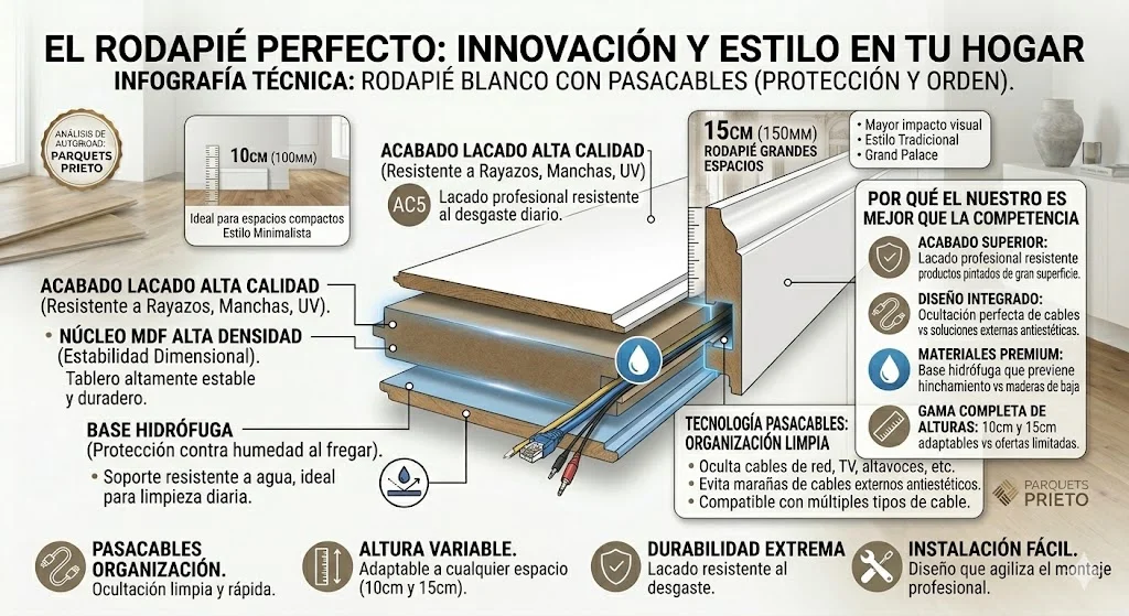 Infografía técnica de Parquets Prieto comparando medidas de rodapié blanco (10cm y 15cm) y mostrando el núcleo MDF de alta densidad, la base hidrófuga y el sistema de pasacables integrado.