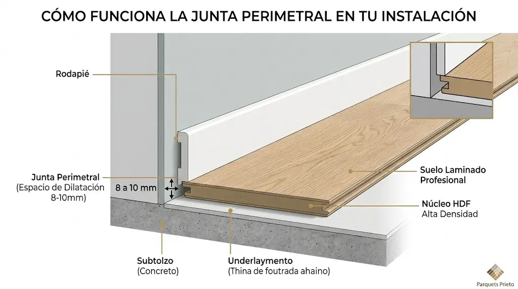 Diagrama técnico que muestra la sección lateral de una instalación de tarima flotante con una junta perimetral de 8 a 10 milímetros oculta tras un rodapié blanco para permitir la dilatación del suelo.
