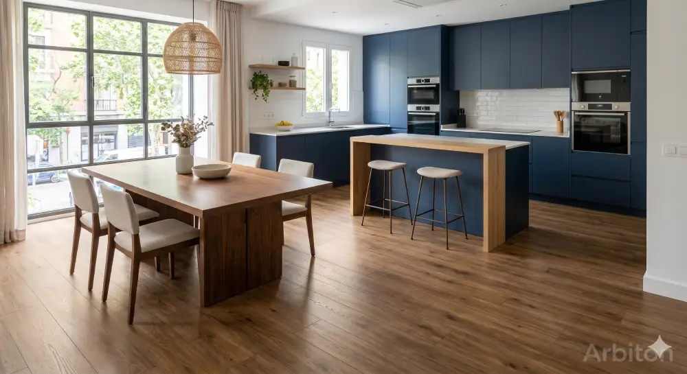 Cocina de diseño moderno abierta al comedor con suelo vinílico de imitación madera premium de la marca Arbiton, mostrando su resistencia al agua y continuidad visual sin juntas.