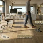 Diferencia entre Tarima AC5 y AC6: ¿Cuál necesitas realmente para tu suelo? Infografía técnica de tarima flotante AC5 profesional de clase de uso 33 con especificaciones de resistencia al desgaste y sistema clic estanco de Parquets Prieto
