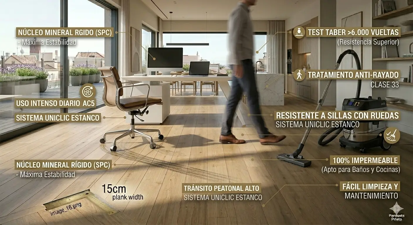 Infografía técnica de tarima flotante AC5 profesional de clase de uso 33 con especificaciones de resistencia al desgaste y sistema clic estanco de Parquets Prieto