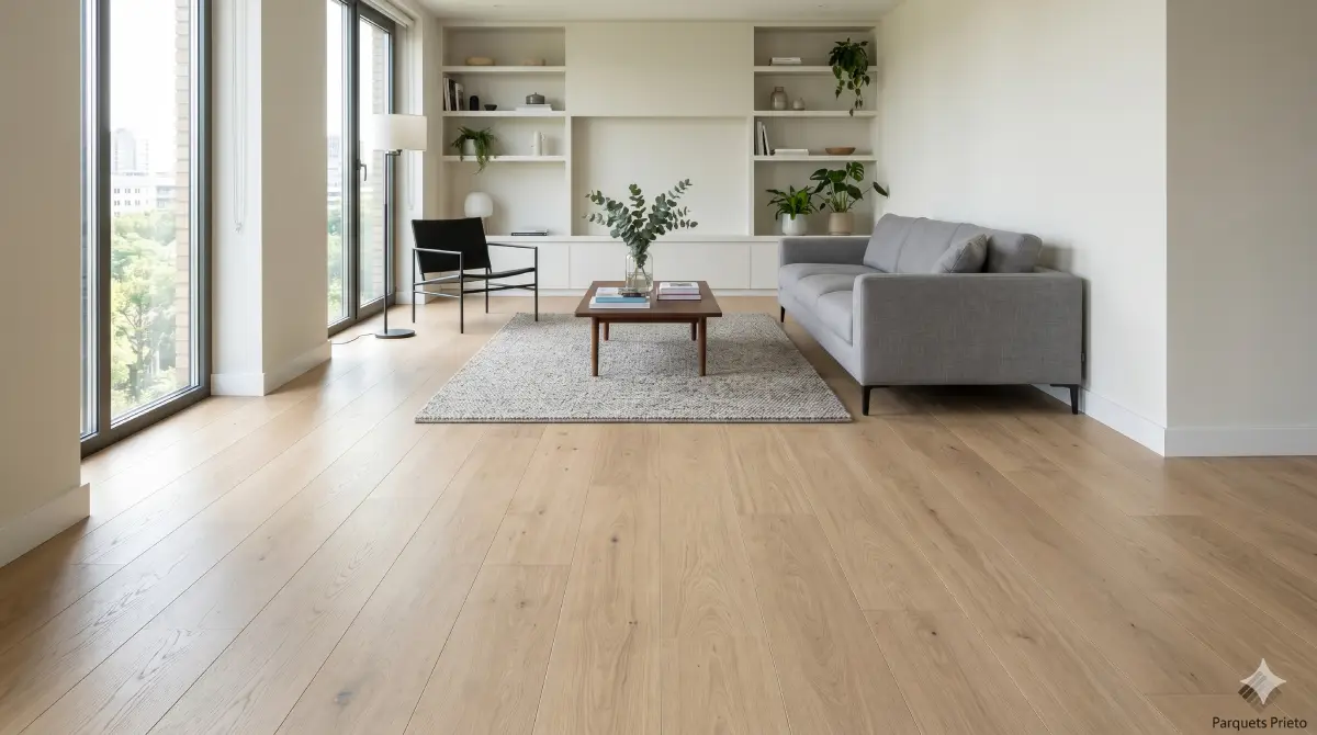 Amplio salón moderno con suelo laminado de roble perfectamente instalado por Parquets Prieto en Madrid, mostrando un acabado limpio e impecable.