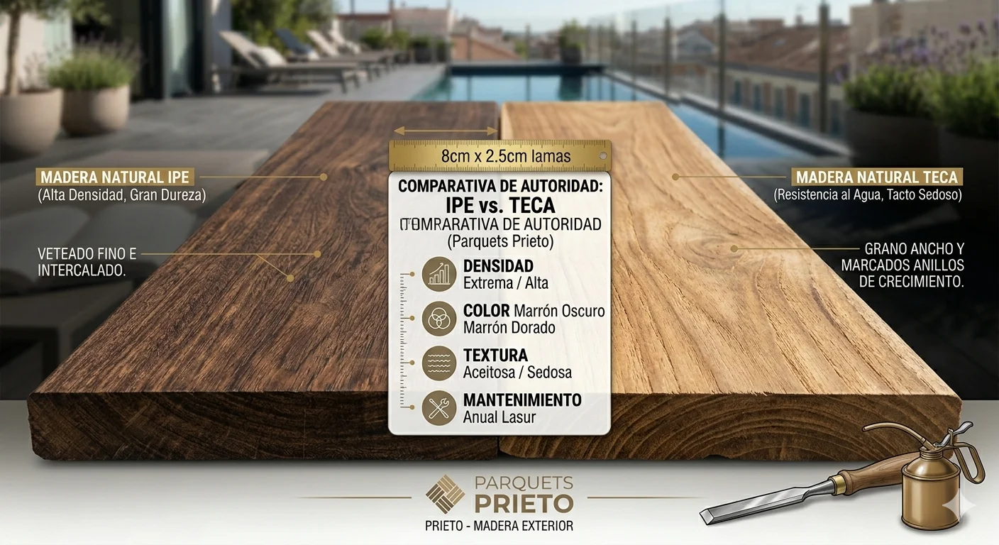 Detalle de lamas de madera natural de Ipe para suelo exterior instaladas en jardín.