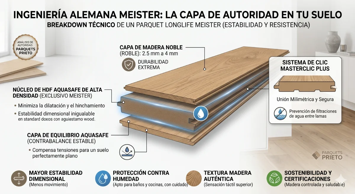 Estructura técnica y capas del suelo Meister Longlife Infografía técnica de Parquets Prieto que muestra el desglose de capas de una tarima Meister: núcleo HDF AquaSafe, capa de madera noble y sistema de clic Masterclic Plus.