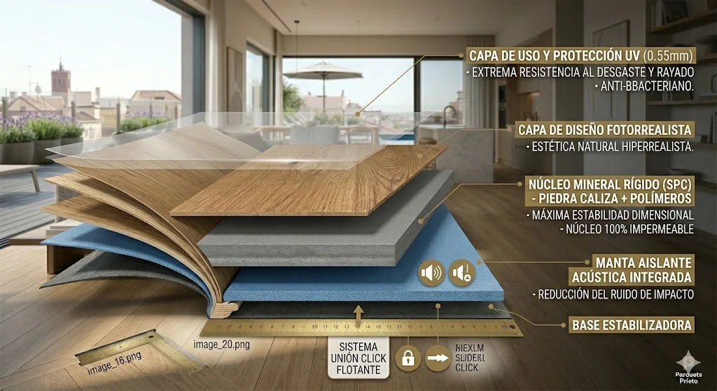 Infografía técnica de las capas de un suelo vinílico SPC con núcleo mineral rígido