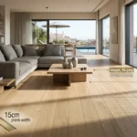 Diferencia entre Tarima Flotante y Parquet: ¿Cuál es mejor y más barato? Imagen de cabecera de un salón moderno con instalación impecable de suelo de madera de roble premium por Parquets Prieto en Madrid, mostrando datos técnicos
