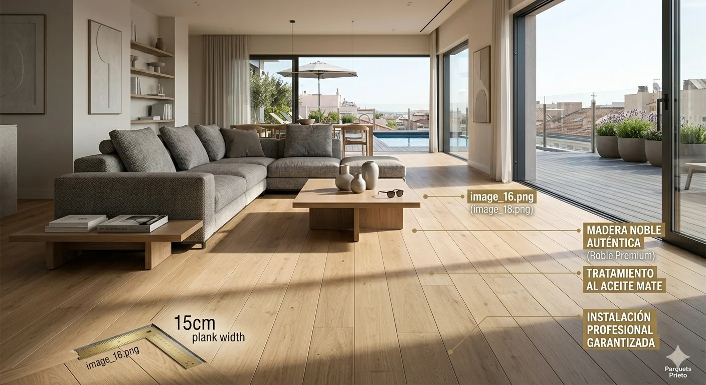 Imagen de cabecera de un salón moderno con instalación impecable de suelo de madera de roble premium por Parquets Prieto en Madrid, mostrando datos técnicos