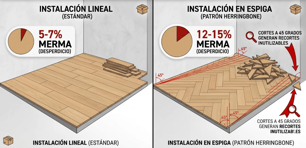 Infografía comparativa de la merma en instalación de suelos: 5-7% en instalación lineal frente al 12-15% en tarima en espiga debido a los cortes a 45 grados.
