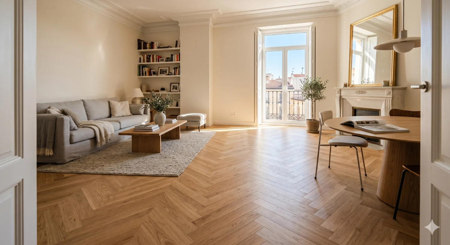 tarima en espiga de roble claro en salón moderno con mucha luz natural