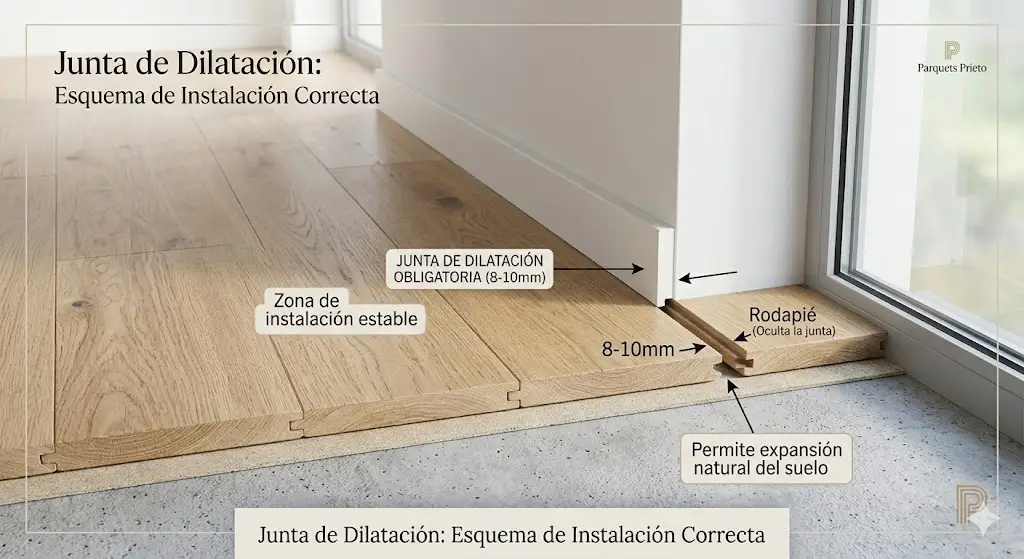 Infografía educativa de Parquets Prieto que explica la regla de la junta de dilatación perimetral de 8 a 10 mm y las consecuencias de instalar tarima sin espacio.