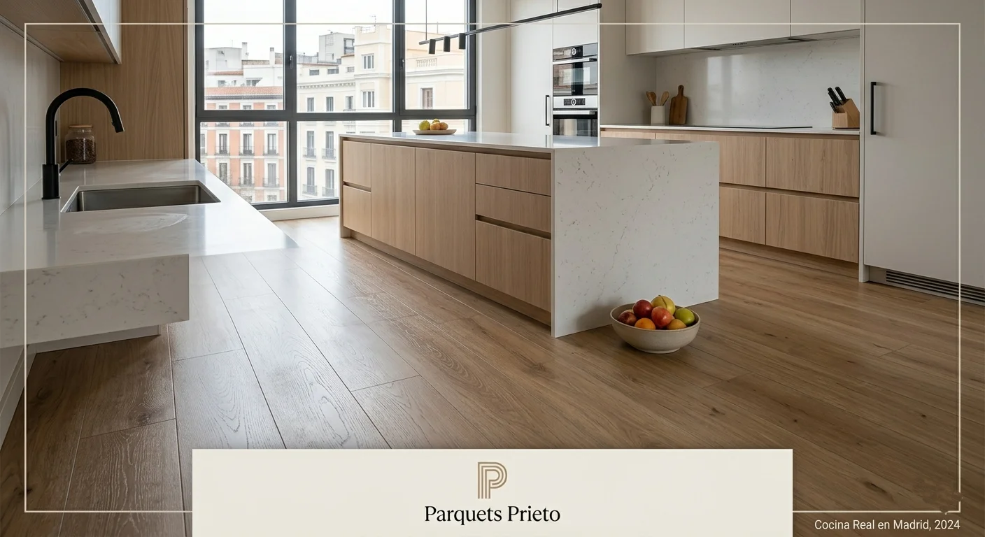 Suelo vinílico rígido tipo SPC imitación madera instalado en una cocina moderna con isla en Madrid, mostrando su resistencia y acabado limpio.