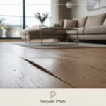 Vista en primer plano de un suelo laminado de madera clara levantado y bufado por problemas de humedad en el salón de una vivienda.