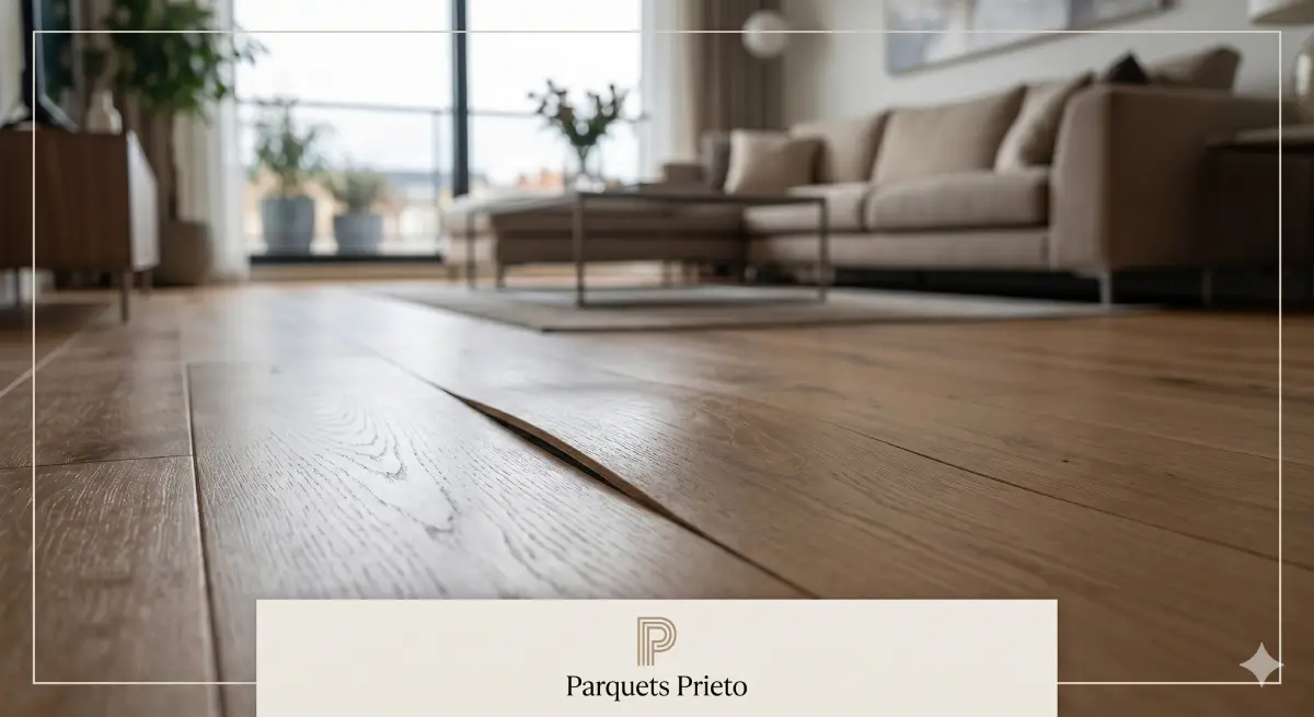 Vista en primer plano de un suelo laminado de madera clara levantado y bufado por problemas de humedad en el salón de una vivienda.